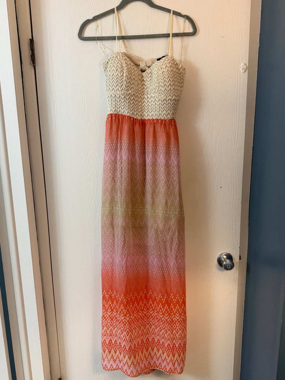 Trixxi Cream Chevron Bodice Ombre Maxi Dress with Coral and Pink Skirt